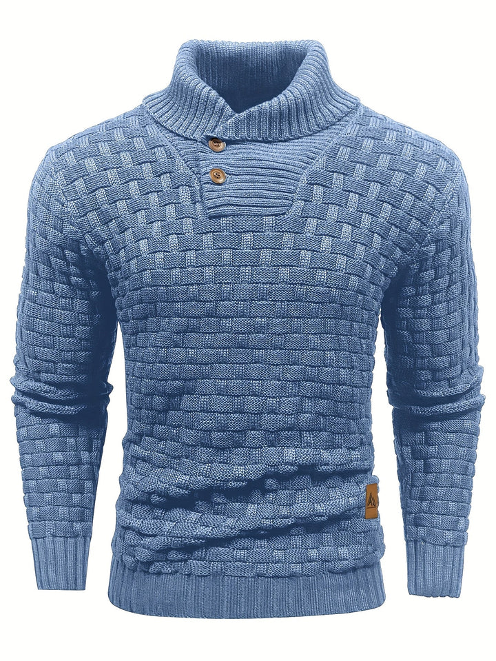 Premium Herren Pullover mit Waffelstruktur und Schalkragen; essentielle Wintermode.