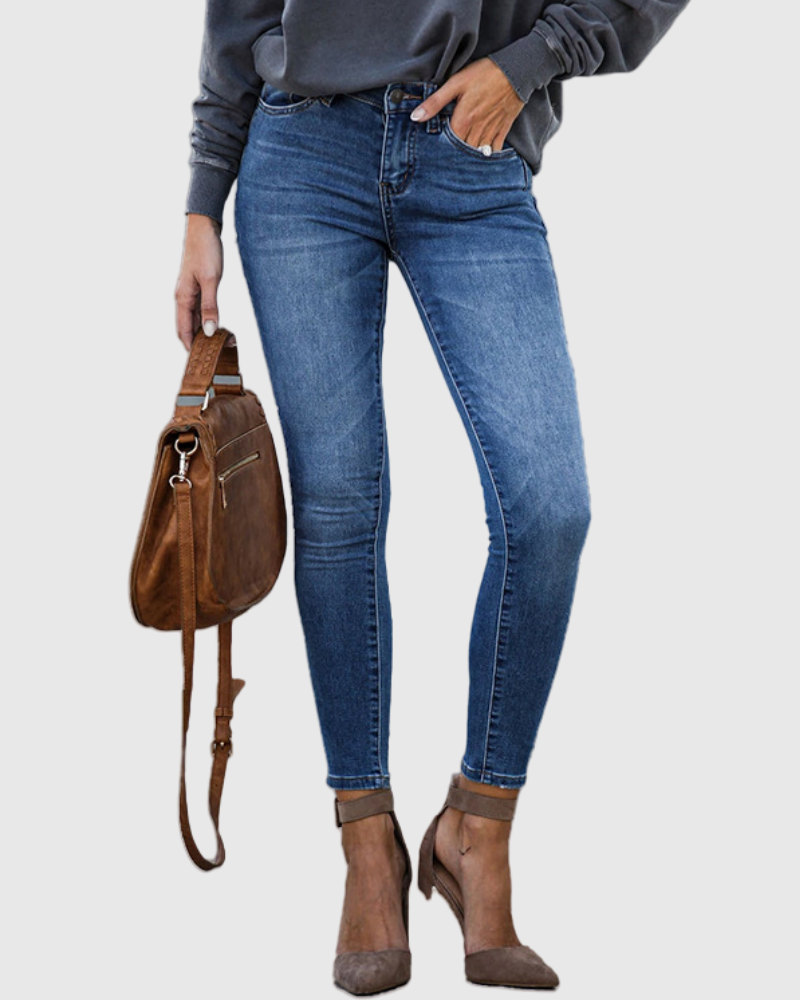 Modische Damen High Waist Skinny Jeans mit Stretch und Waschung, figurbetont für hohen Tragekomfort.