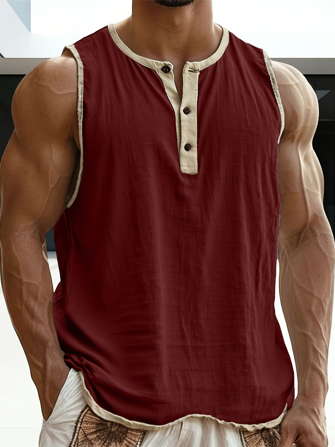Herren ärmelloses Henley-Shirt, weich & bequem, ein Must-have für entspannte Tage.