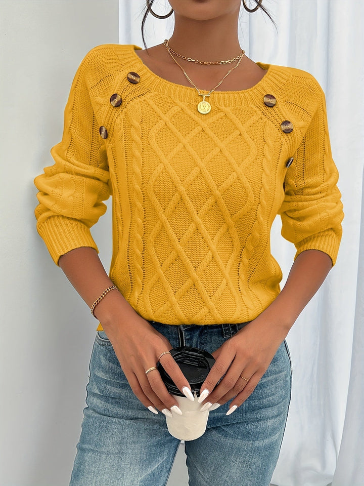 Damen Winterpullover mit Zopfmuster, gemütlicher, langärmliger Strick mit stilvollen Knopfakzenten.