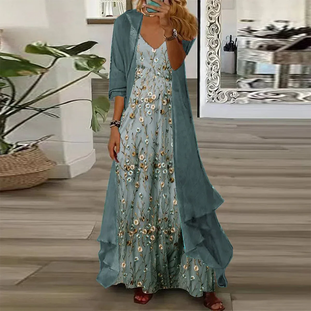 Damen grünes florales Boho Maxi-Kleid mit Jacke. Eleganter Zweiteiler für Sommer, Urlaub, Strand oder Party. Casual Chic.