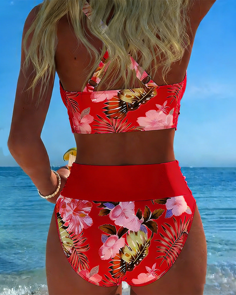 Strandtauglicher Jolina Damen Kontrast Split Bikini, Blumenmuster, V-Ausschnitt, zweiteilig.