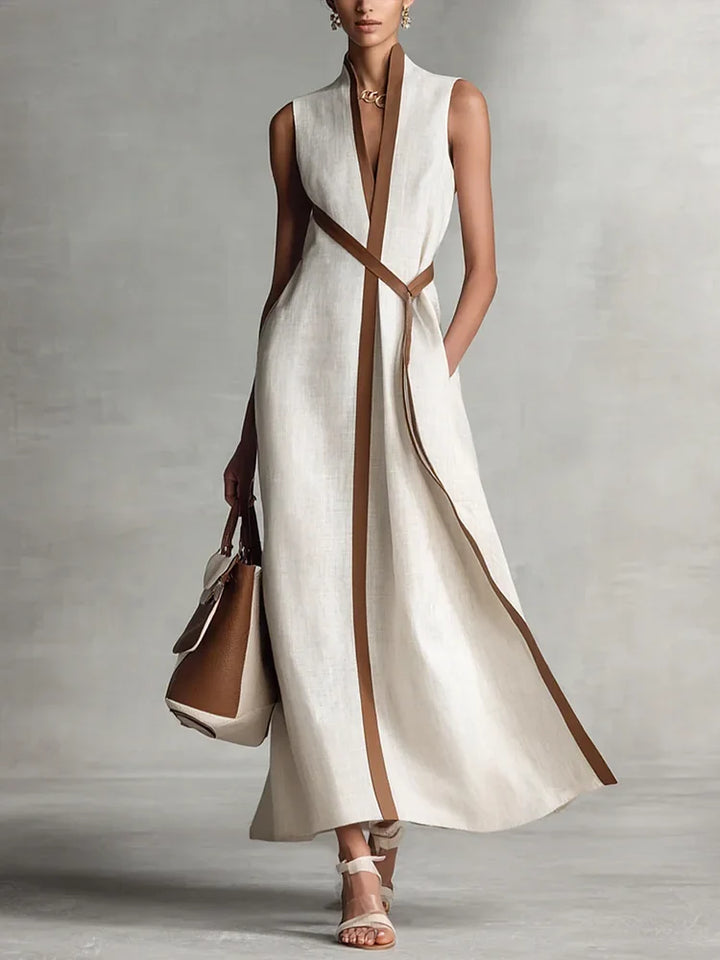 Luftiges Damen Maxikleid mit Stehkragen und Bindegürtel, perfekt als langes Sommerkleid oder Urlaubskleid für Frauen.