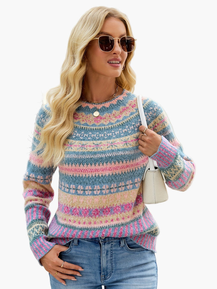 Damen Pullover mit detailreichem Fair Isle Muster. Gemütlicher Rundhals-Strick für stilvolle Herbst-Winter-Outfits.