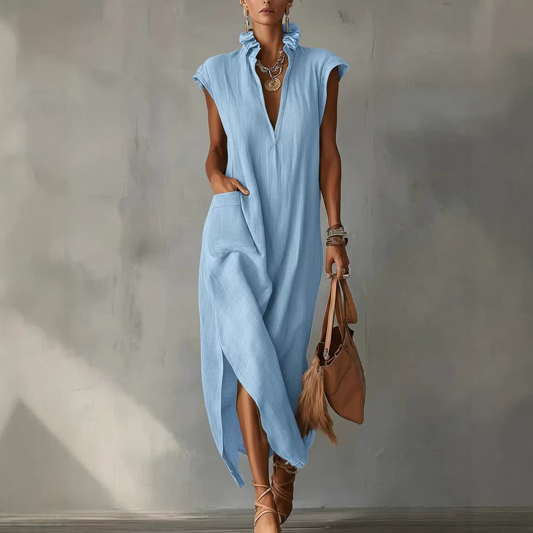 Elegantes Damen Midi Hemdkleid, ärmellos, für einen schicken Casual-Look. Perfekt für Reise & Alltag.