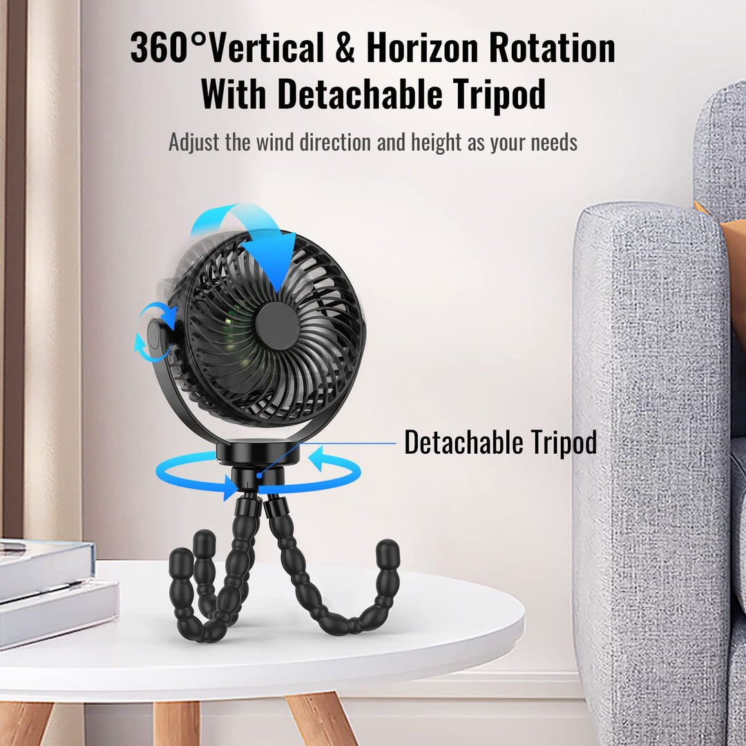 Handlicher Baby Ventilator für unterwegs. Mit LED Nachtlicht & USB-Akku für lange Kühlung.