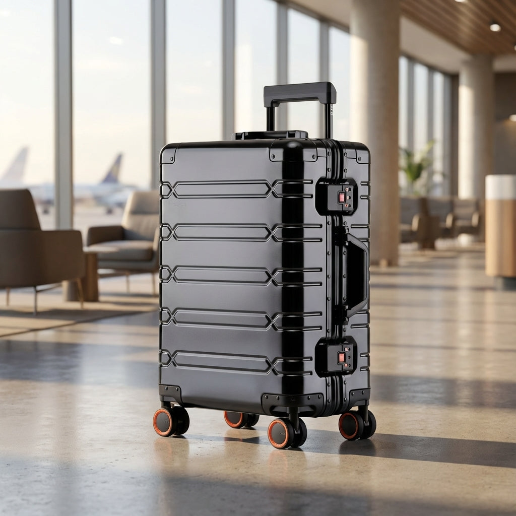 GlidePro 360° Spinner Reisekoffer in Schwarz, robust und leichtgängig für müheloses Reisen.