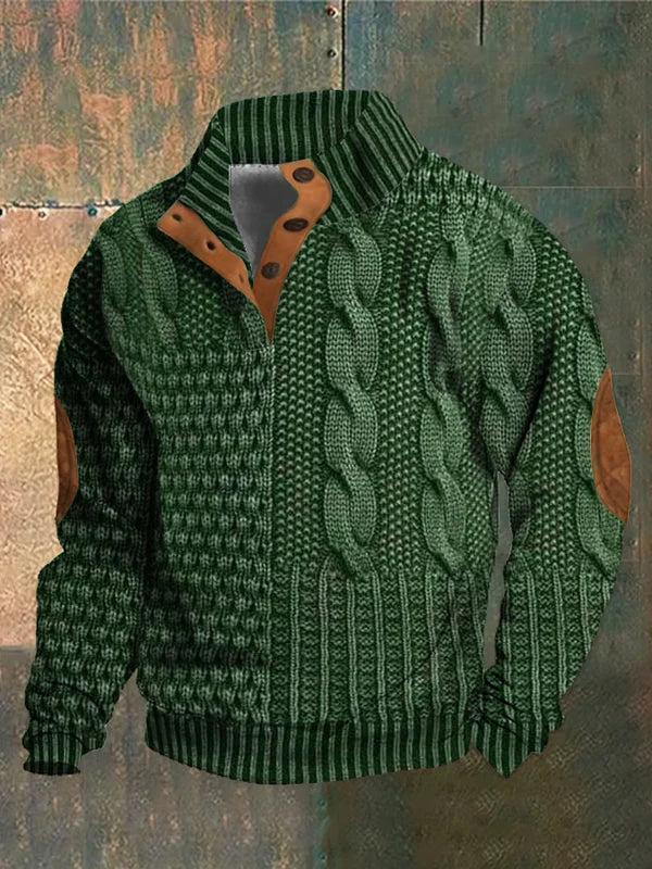 Herren Freizeit-Pullover, Langarm, aus Strick, mit Zopfmuster, Patchwork & Knopfkragen. Casual.