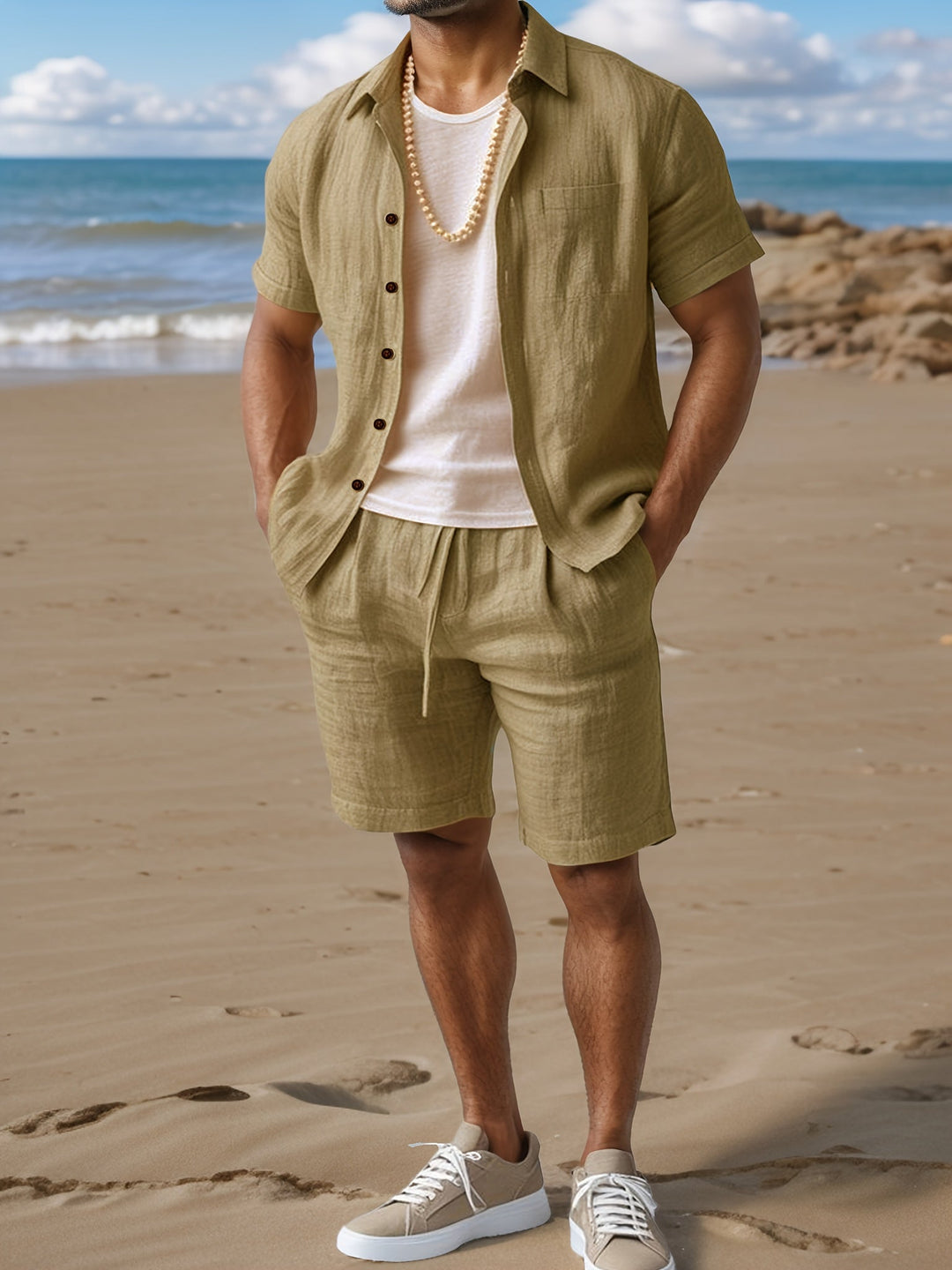Atmungsaktives Herren Leinen-Look Set. Lässiges Kurzarmhemd & Shorts, perfekt für heiße Sommertage.
