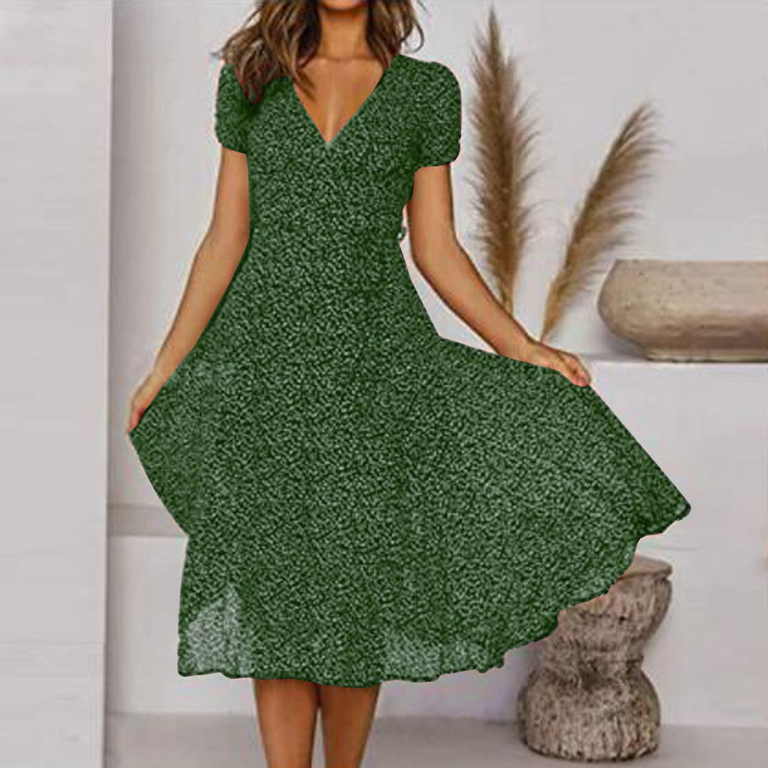 Elegantes Damen Wickel-Midikleid mit Puffärmeln und V-Ausschnitt, ideal für Sommer und Partys.