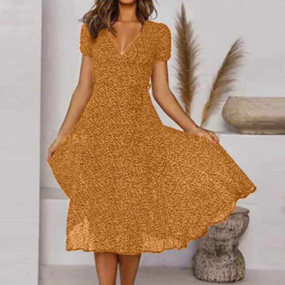Feminines A-Linien Sommerkleid für Damen. Elegantes Wickel-Midikleid mit V-Ausschnitt, perfekt für Freizeit & Party.