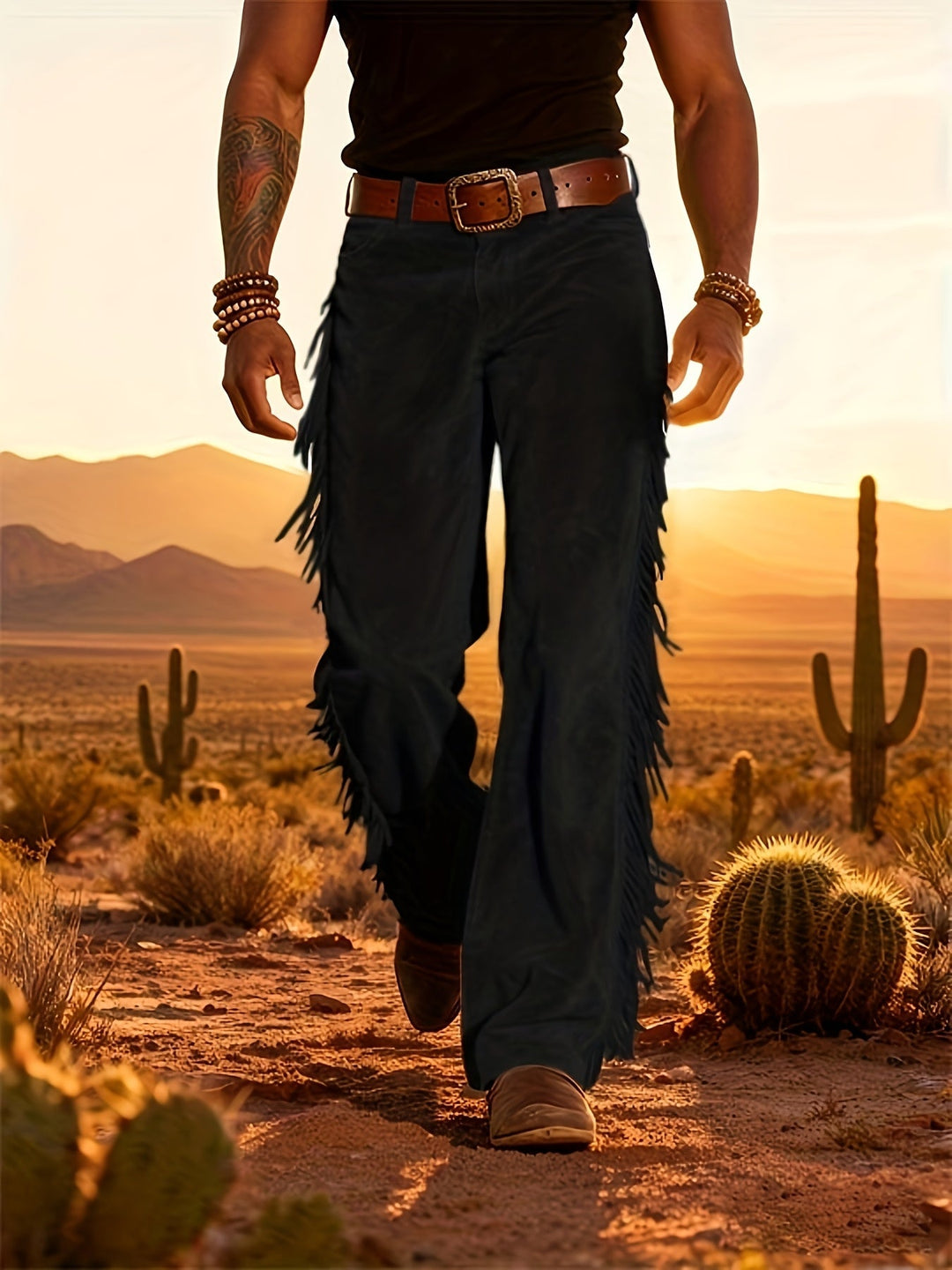 Mann trägt komfortable Herren Western Freizeithose in Wildlederoptik mit Fransen im Casual-Look.