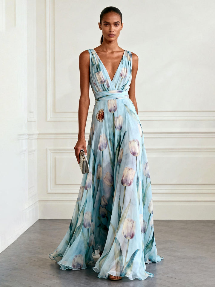 Elegantes Damen Maxikleid mit floralem Tulpenmuster, V-Ausschnitt und A-Linie. Ideal als Sommer- oder Cocktailkleid.