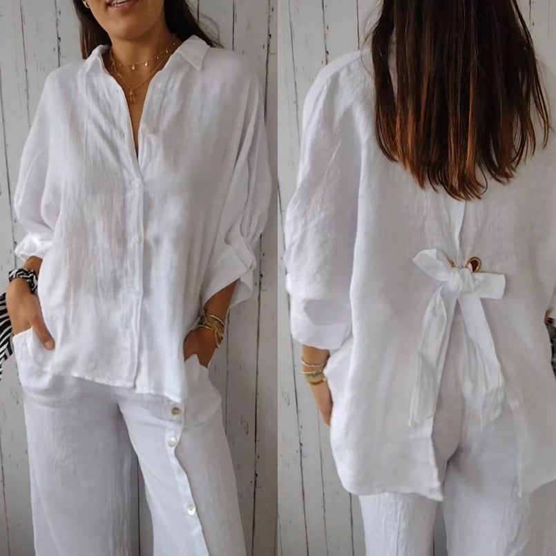 Damen Oversize Bluse von Lois Amsterdam mit elegantem Schleifen-Rückendetail für Sommer.