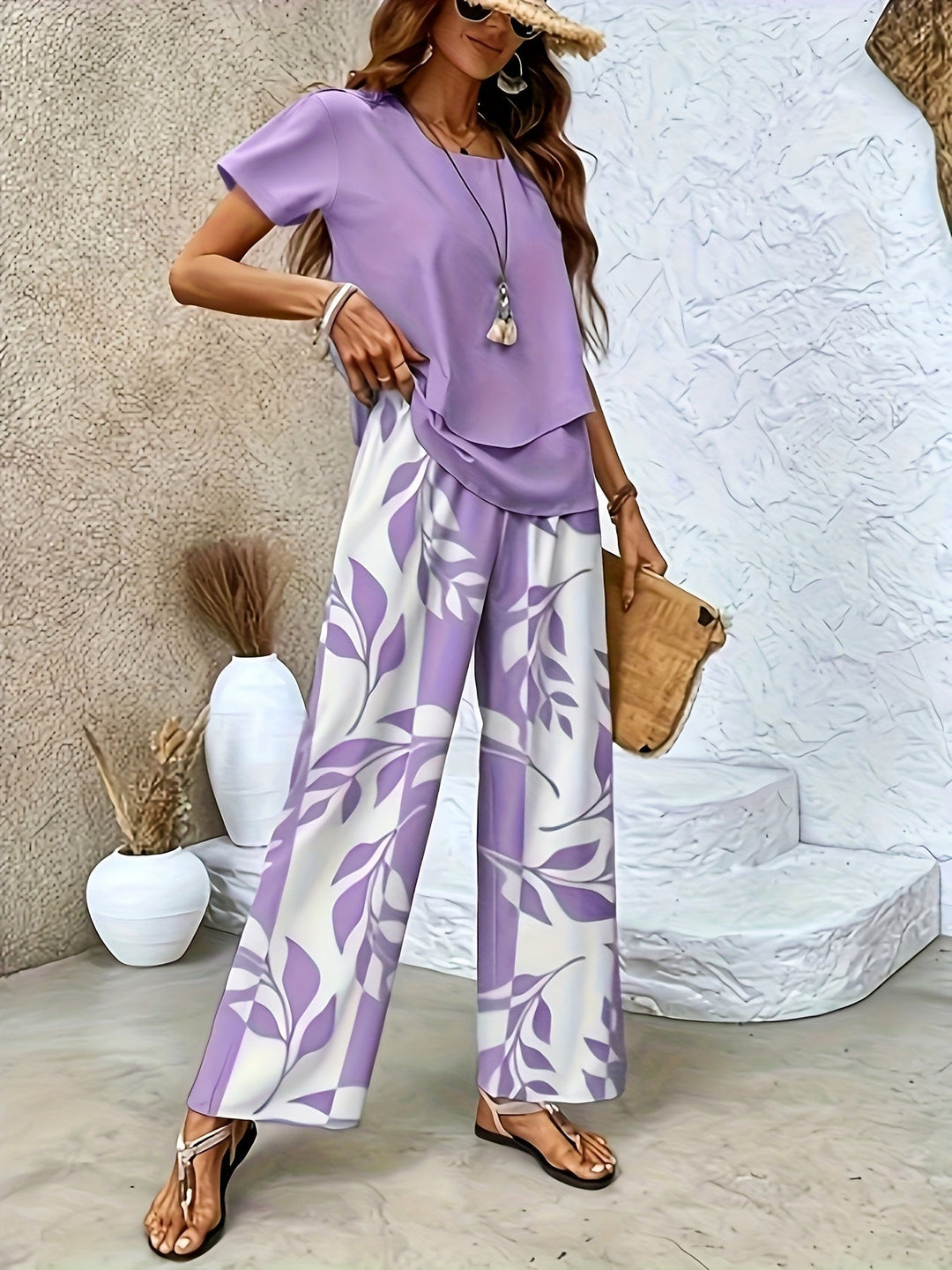 Elegantes Damen Sommer Set Zweiteiler mit weiten Hosen & Kurzarmshirt für Freizeit & Urlaub.