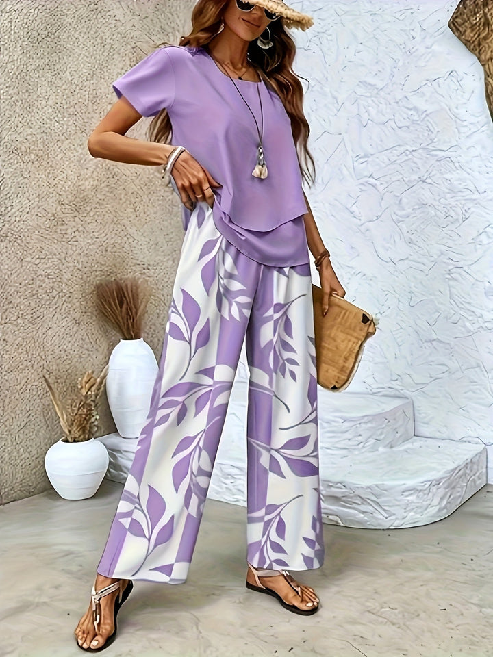 Elegantes Damen Sommer Set Zweiteiler mit weiten Hosen & Kurzarmshirt für Freizeit & Urlaub.
