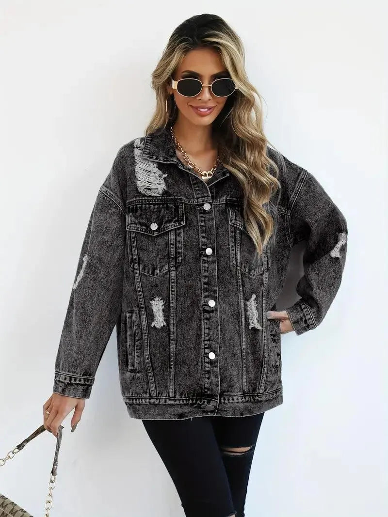 Zeitlose Oversized Damen Jeansjacke mit Kapuze, gefüttert & wasserabweisend. Stilvolle Herbstjacke.