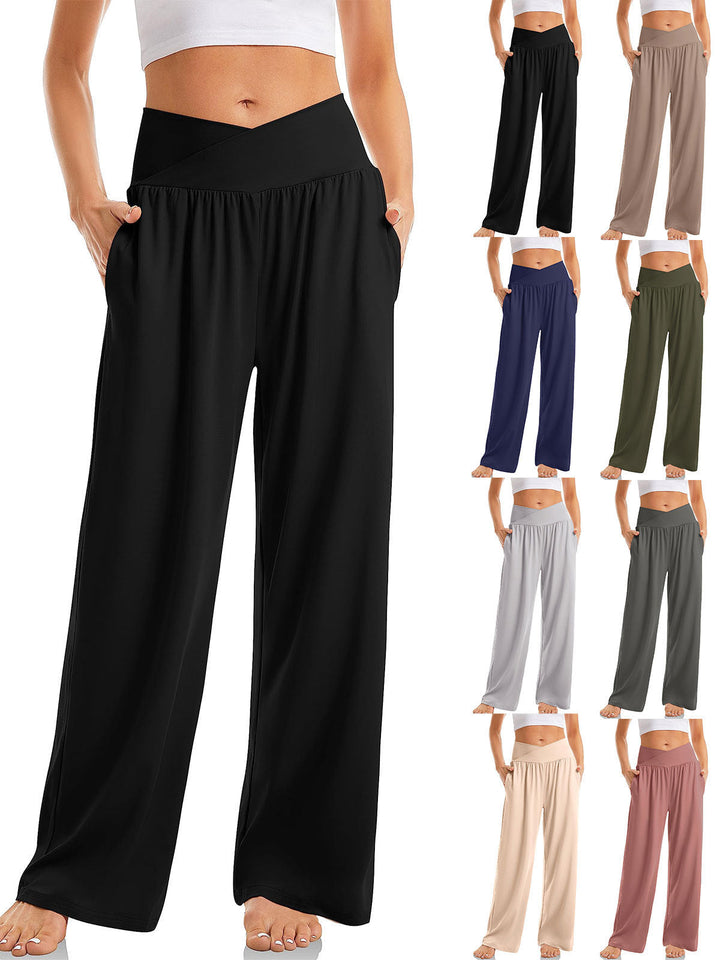Stylische Damen Mavumo High Waist Hose mit V-Bund & weitem Bein. Perfekte Freizeithose & Jogginghose.