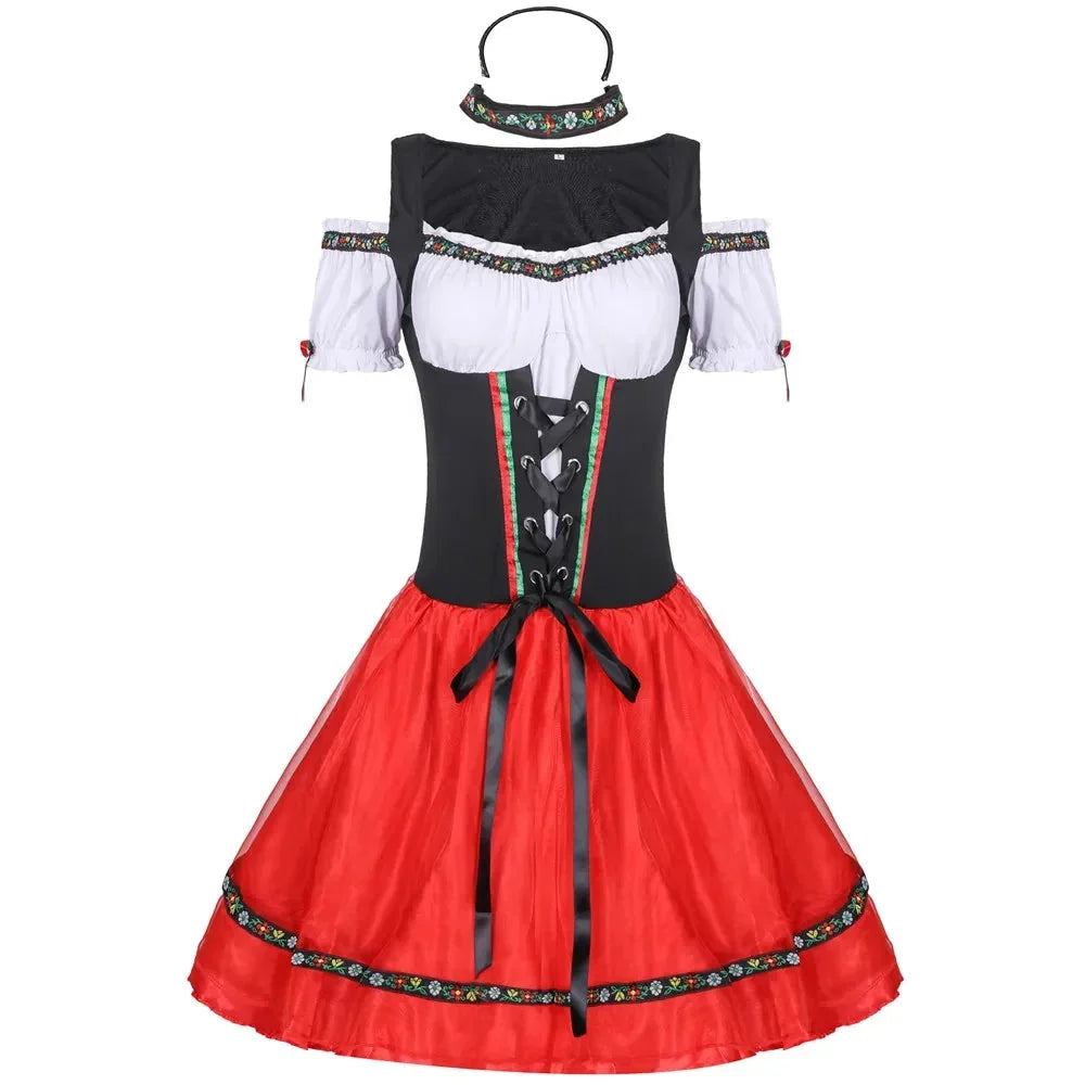 Detailansicht des roten Dirndl Oberteils mit eleganter schulterfreier Optik und dekorativer Schnürung für Damen.