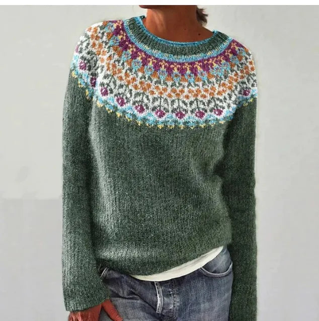 Gemütlicher Damen-Strickpullover im Retro-Look, ideal für entspannte Freizeit und Herbstmode.