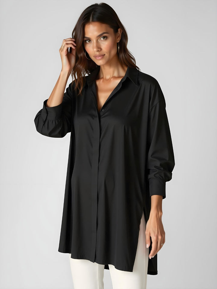Lässiges Damen Langarm-Hemdblusenkleid mit Kragen, ideal für Business Casual Outfits.