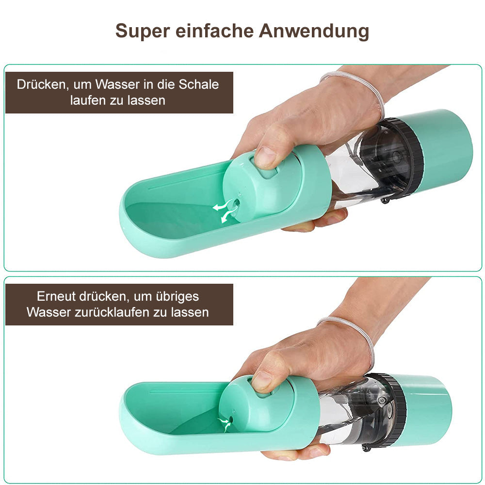 Futterspender & Wasserflasche in einem. Diese auslaufsichere 2-in-1 Hundeflasche ist perfektes Reisezubehör für Hunde.