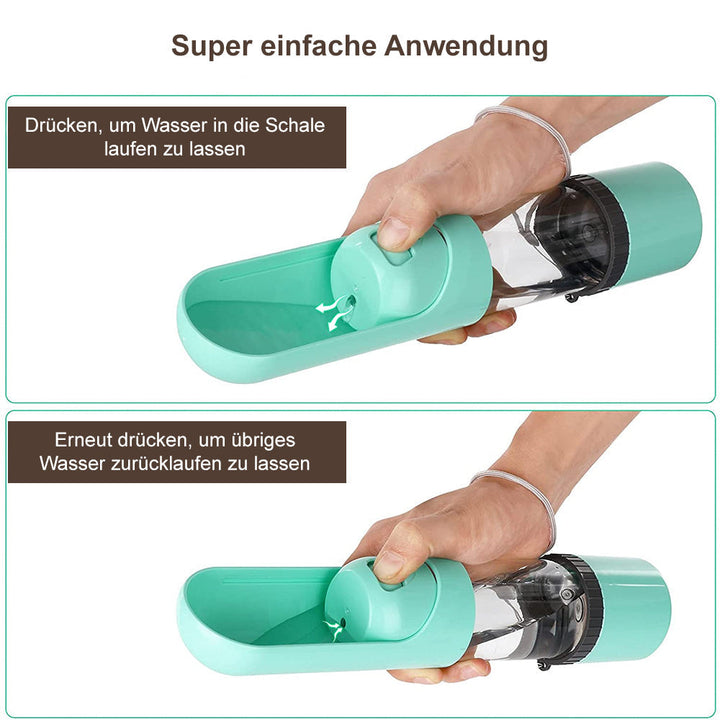 Futterspender & Wasserflasche in einem. Diese auslaufsichere 2-in-1 Hundeflasche ist perfektes Reisezubehör für Hunde.