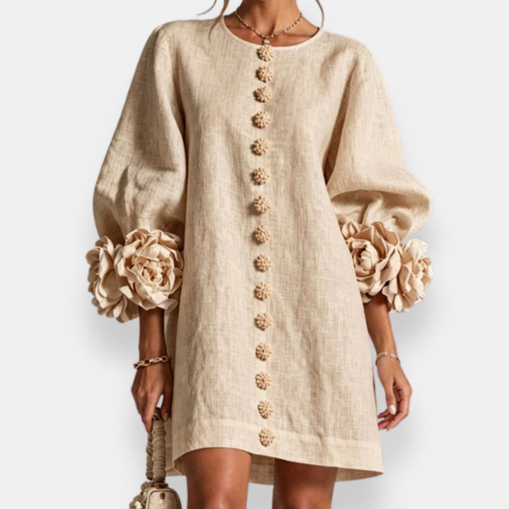 Damen Sommerkleid mit Blütenrelief und Ballonärmeln, ein bequemes Freizeitkleid in Maxilänge.