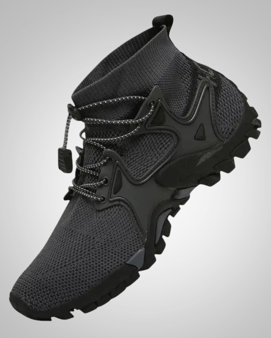 Schwarze orthopädische Wanderschuhe, unisex, mit dicker Profilsohle für Dämpfung und Komfort im Gelände.
