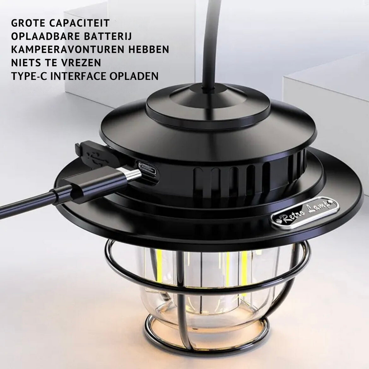 Robuste LED Zeltlampe im Vintage-Design, ideal für Camping, Wandern & Outdoor-Aktivitäten, tragbar.
