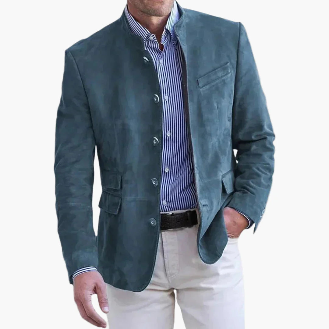 Khakifarbene Herren Stehkragen-Freizeitjacke. Stilvolle & komfortable Oberbekleidung für Business Casual.