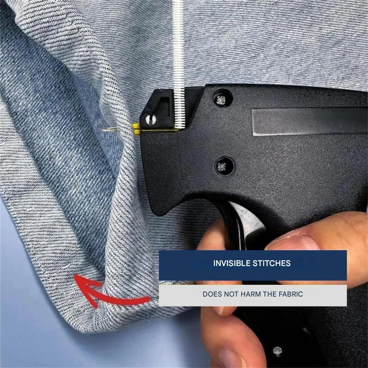 Schnelle Stoffbearbeitung mit der tragbaren Mini-Nähmaschine. Ideal für Notfälle und kleine Änderungen.