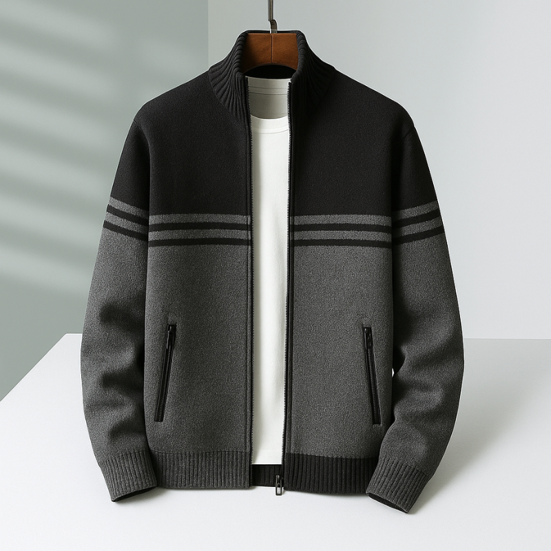 Bequeme grauschwarze Herren Strickjacke mit Reißverschluss. Stilvolle Freizeitjacke für Männer, vielseitig kombinierbar.