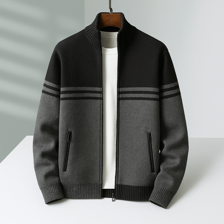 Bequeme grauschwarze Herren Strickjacke mit Reißverschluss. Stilvolle Freizeitjacke für Männer, vielseitig kombinierbar.