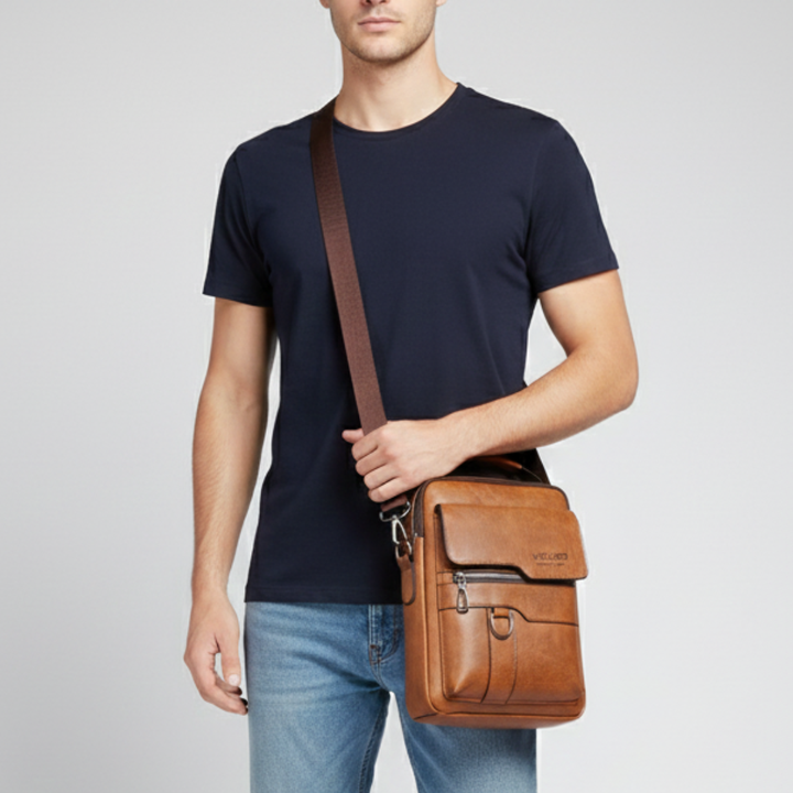 Geöffnete Unisex Messenger-Tasche, PU, schwarz. Bietet organisierte Fächer für Tablet & Reiseutensilien.