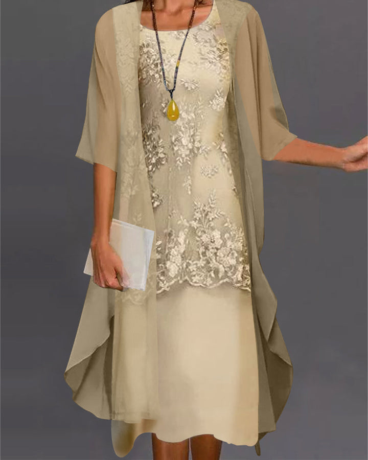 Schickes zweiteiliges Damenkleid, Midi-Länge, perfekt für Hochzeiten & Cocktailpartys. Moderne Abendmode.