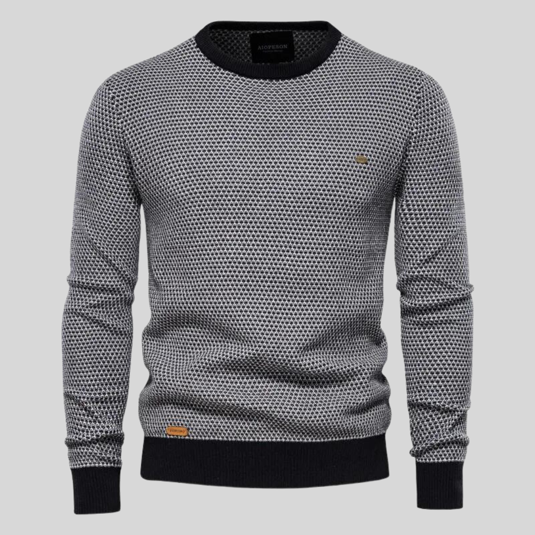 Schwarzer Herren Strickpullover mit Rundhalsausschnitt. Warmer, vielseitiger Langarm Pullover für kalte Tage.