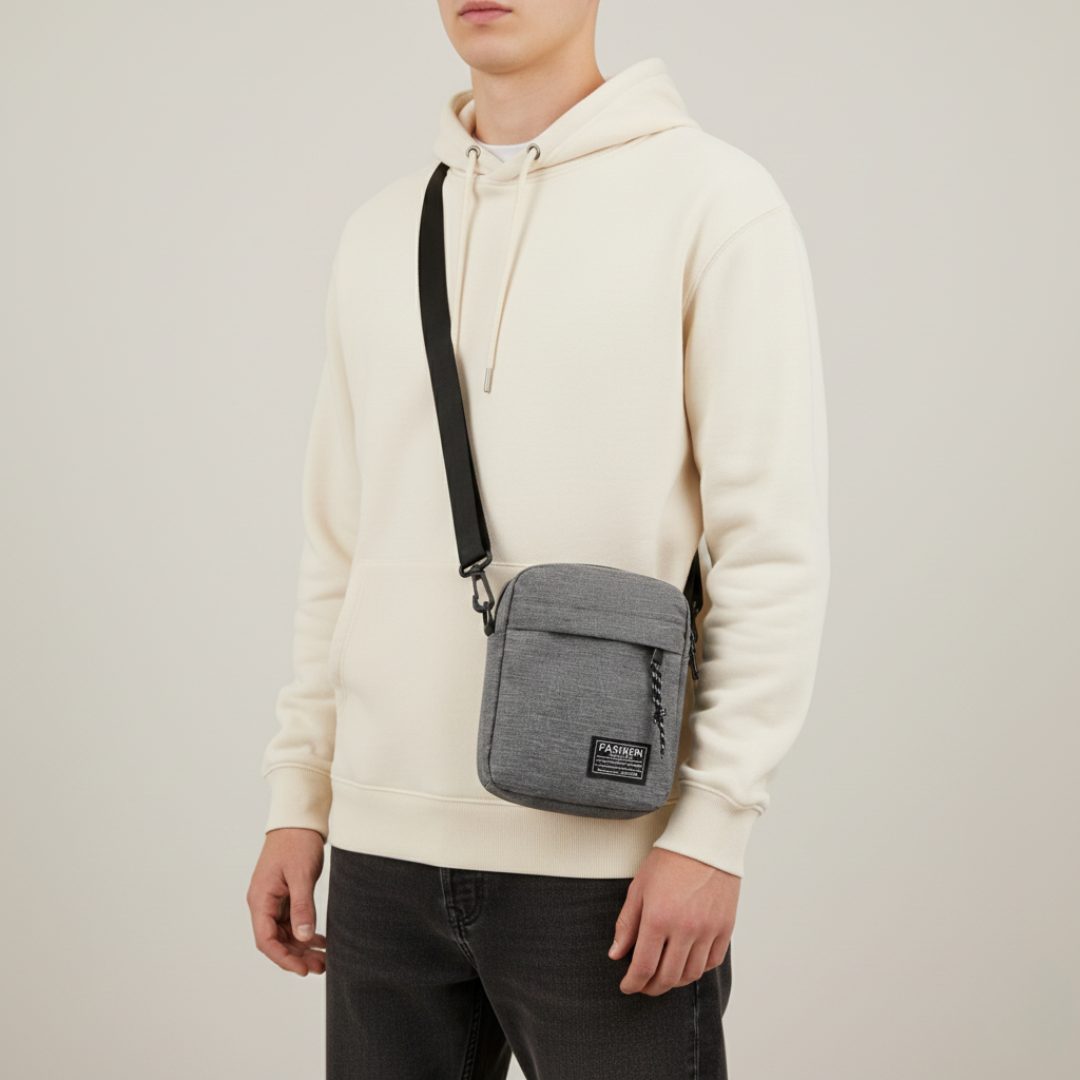 Graue minimalistische Unisex Umhängetasche, klein. Robust für Alltag, freihändig tragbar auf Reisen.