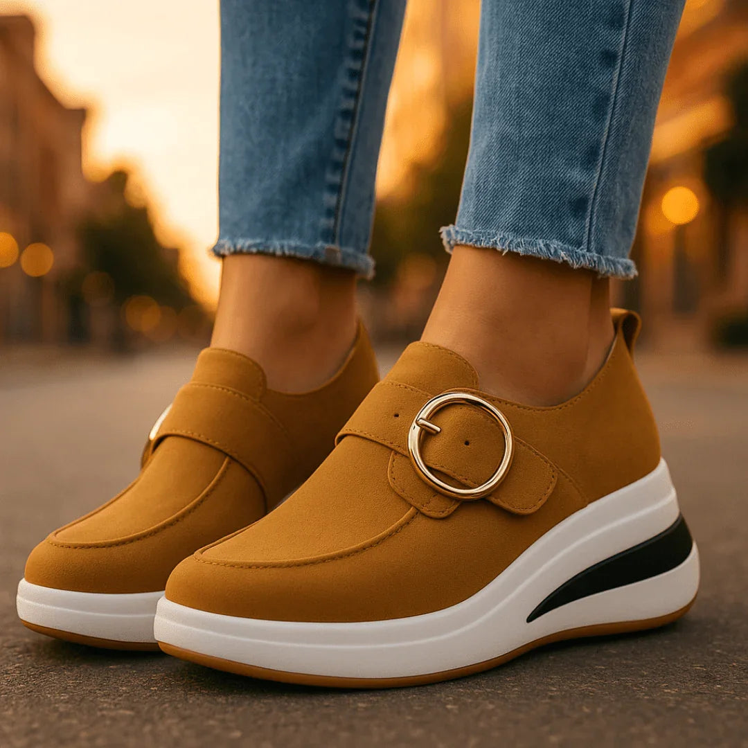Moderne Damenschuhe mit Keilsohle: bequeme Plateauschuhe mit orthopädischer Unterstützung für den Sommer.