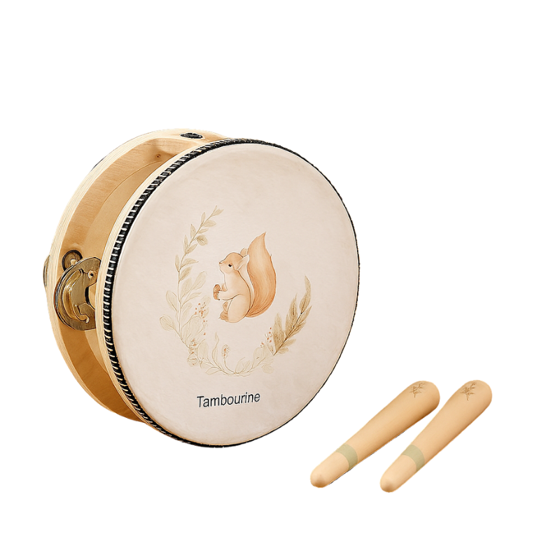 Kinder Holz Musikinstrument Set mit bunter Trommel, Glocke und Rassel; pädagogisches Lernspielzeug aus Holz.