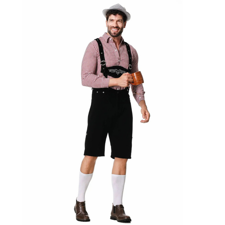 Herren Oktoberfest Trachten-Set mit Lederhose, Hemd & Krawatte. Traditionelles, festliches bayerisches Outfit.