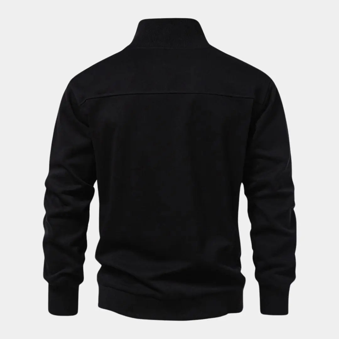 Herren Freizeit-Hoodie schwarz, mit Reißverschluss, Kapuze und Reverskragen. Komfortabel & stylisch.