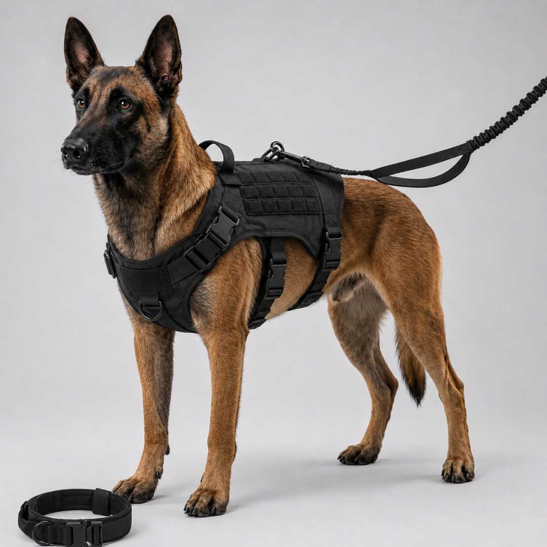 Robustes taktisches Hundegeschirr im Militär-Stil, verstellbar für sicheren Sitz bei Training & anspruchsvollen Outdoor-Einsätzen.