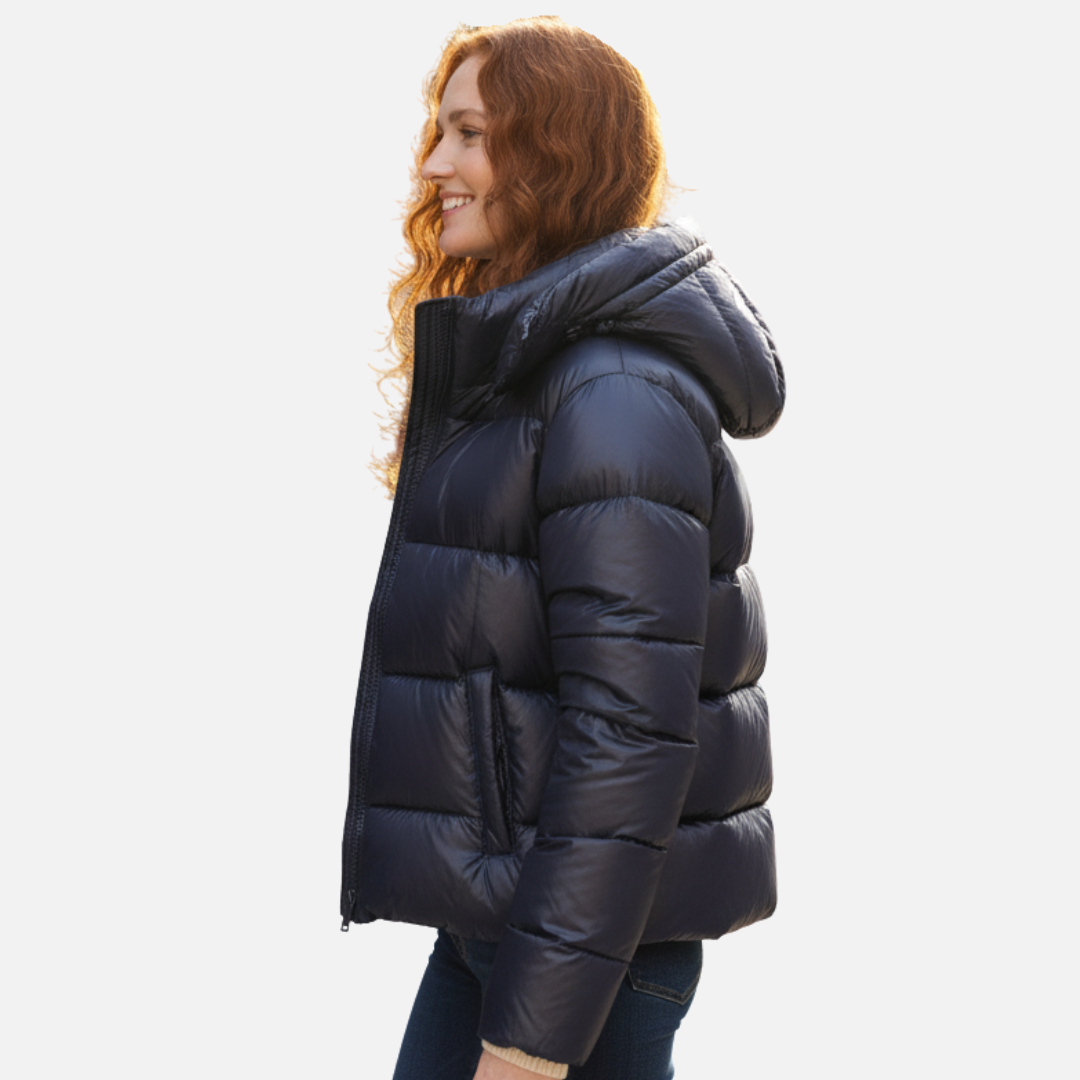 Schwarze, taillierte Damen Steppjacke, modische Winterjacke für Frauen, ideal für Freizeit & Outdoor.