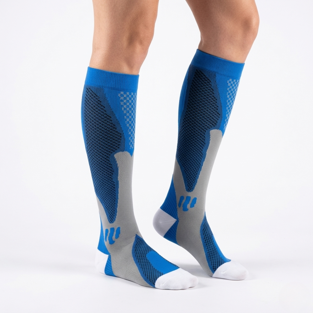 Bequeme Kompressionsstrümpfe unisex, zur Förderung der Durchblutung nach dem Training.