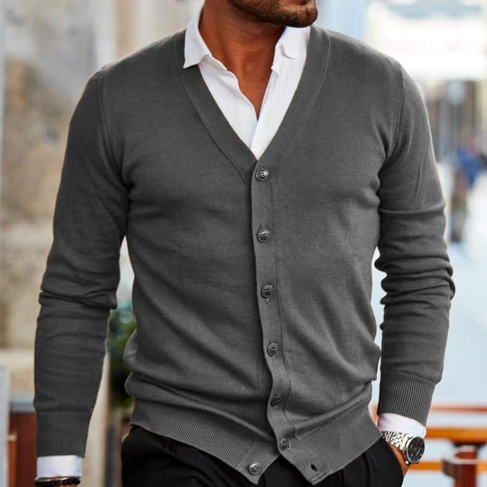 Modischer Herren Strickpullover mit V-Ausschnitt & Knopfleiste. Ideal für Casual Herbst Mode und Winter Pullover Looks.