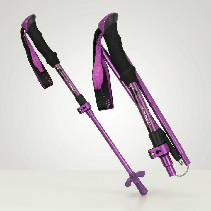 Kompakt gefaltete Nordic Walking Stöcke aus Aluminium, leicht zu transportierendes Wanderzubehör.