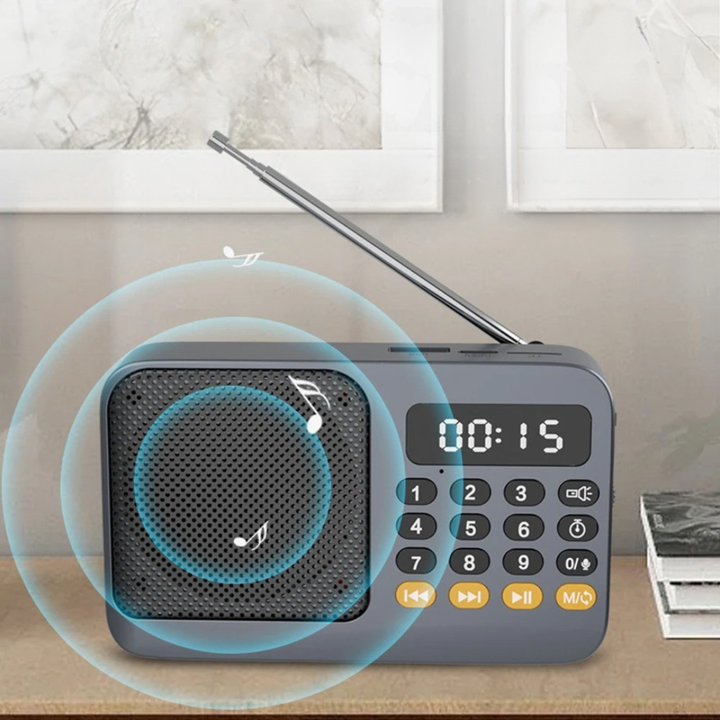 Schwarzes kompaktes Digitalradio mit Bluetooth-Streaming, UKW/MW/KW und starker Taschenlampe für Outdoor.