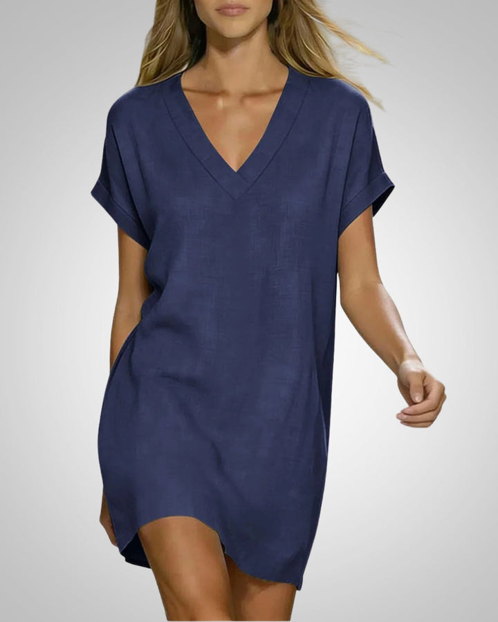 Lässiges & modisches Damen Midikleid, V-Ausschnitt, Kurzarm. Ein bequemes Alltagskleid für stilvolle Auftritte.