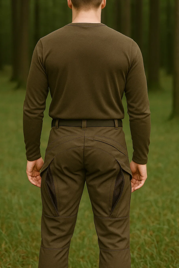 Komfortable dunkelbeige Jagdhose für Herren, leise und atmungsaktiv, perfekt für Trekking & Wandern.